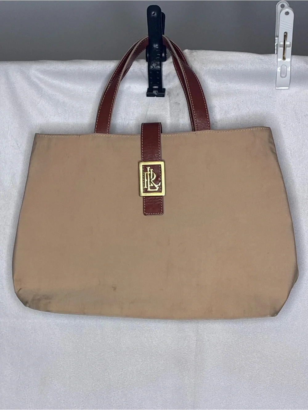 Vintage Lauren Ralph Lauren Beige and Brown Tote Bag with Gold Accent